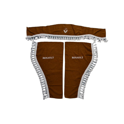 Jeu de rideaux pour camion adapté pour Renault – 3 pièces marron avec glands blancs, motif logo