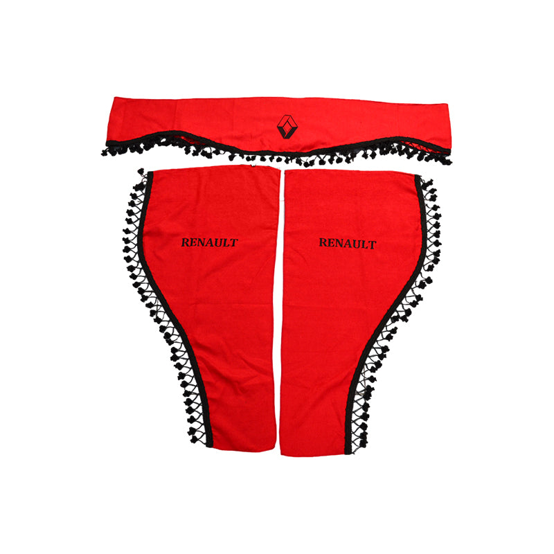 Σετ Κουρτινών Καμπίνας Φορτηγού – κατάλληλο για Renault, 3 τεμαχίων, Κόκκινο με Μαύρα Κρόσσια και Λογότυπο