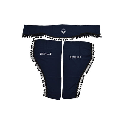 Пердета за кабина на камион, подходящи за Renault – син комплект от 3 части с черни пискюли и лого