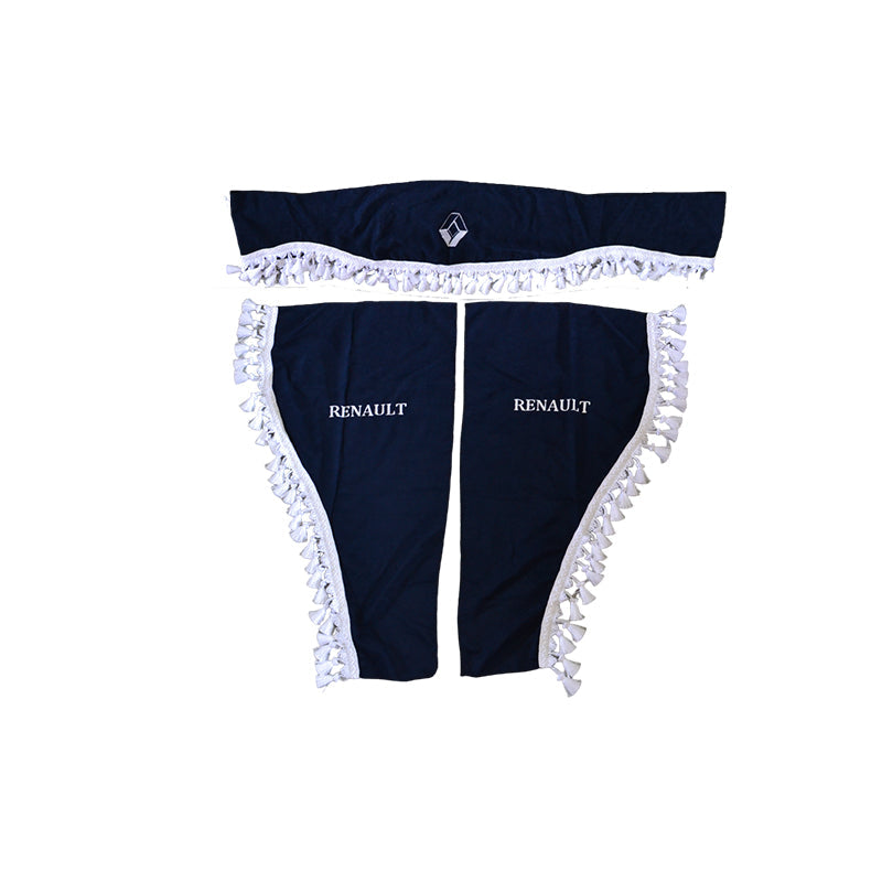 Jeu de rideaux pour camion adapté pour Renault – 3 pièces bleu avec pompons blancs, logo et lettrage
