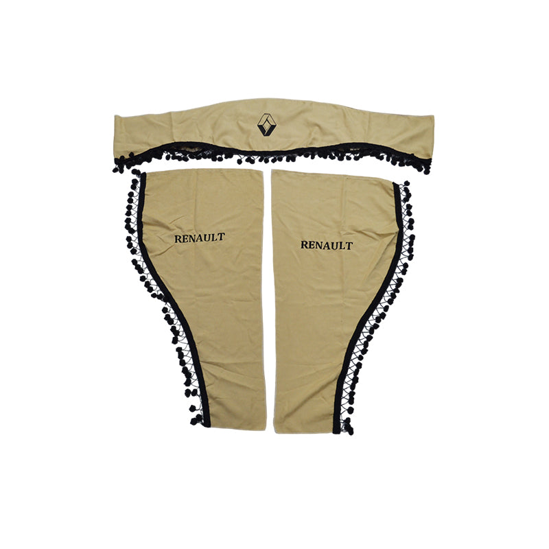 Rideaux de cabine de camion adaptés pour Renault – Jeu beige 3 pièces avec franges noires et logo