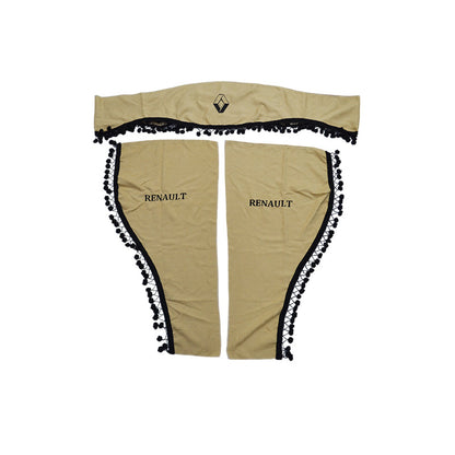 Rideaux de cabine de camion adaptés pour Renault – Jeu beige 3 pièces avec franges noires et logo