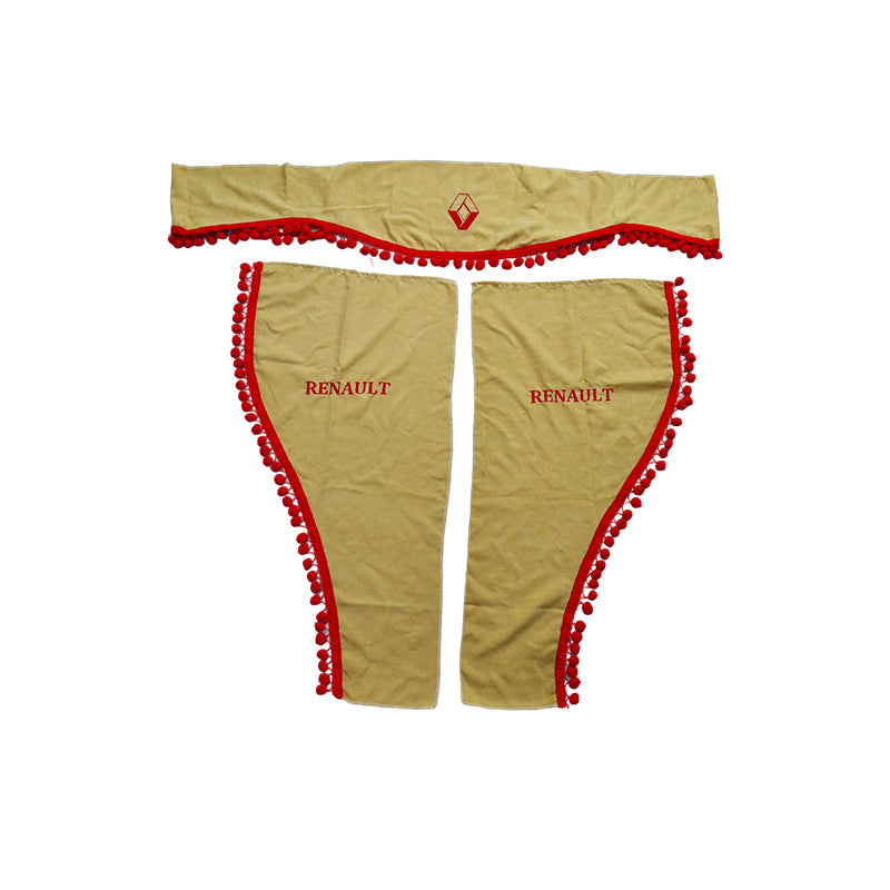 Комплект пердета за камион – 3 части, бежов, подходящ за Renault, с червени пискюли и лого