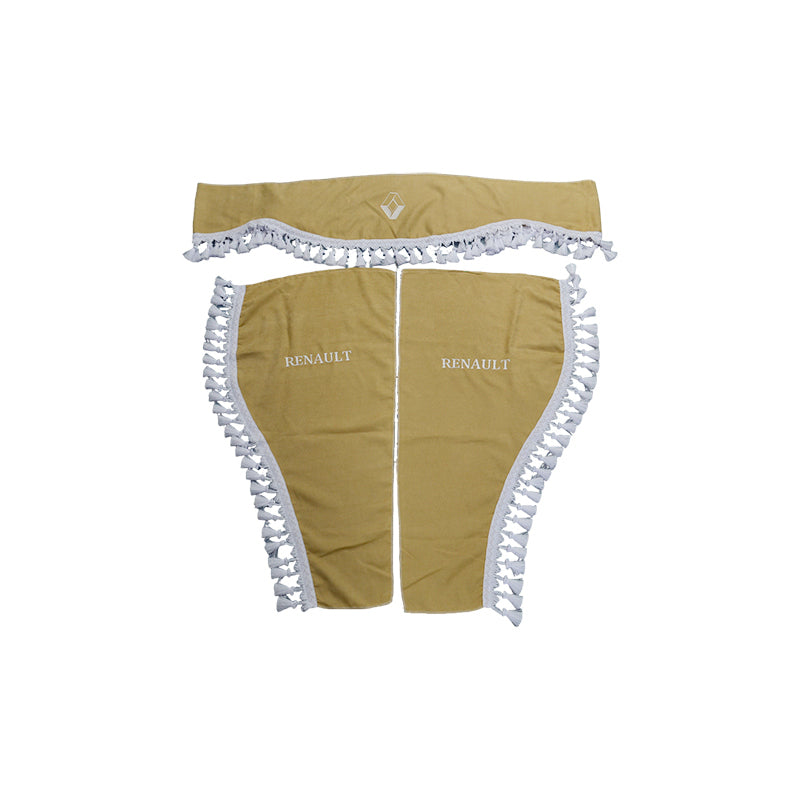 Rideaux pour camion adaptés pour Renault – jeu 3 pièces beige avec franges blanches et lettrage
