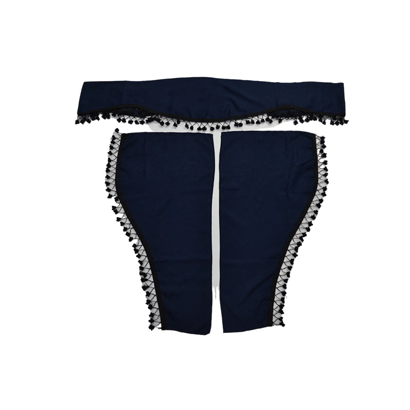 Jeu de rideaux camion 3 pièces bleu avec franges noires pour pare-brise avant et vitres latérales