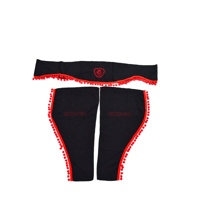 Jeu de rideaux pour camion – adapté pour Scania, 3 pièces, noir avec pompons rouges, avec emblème