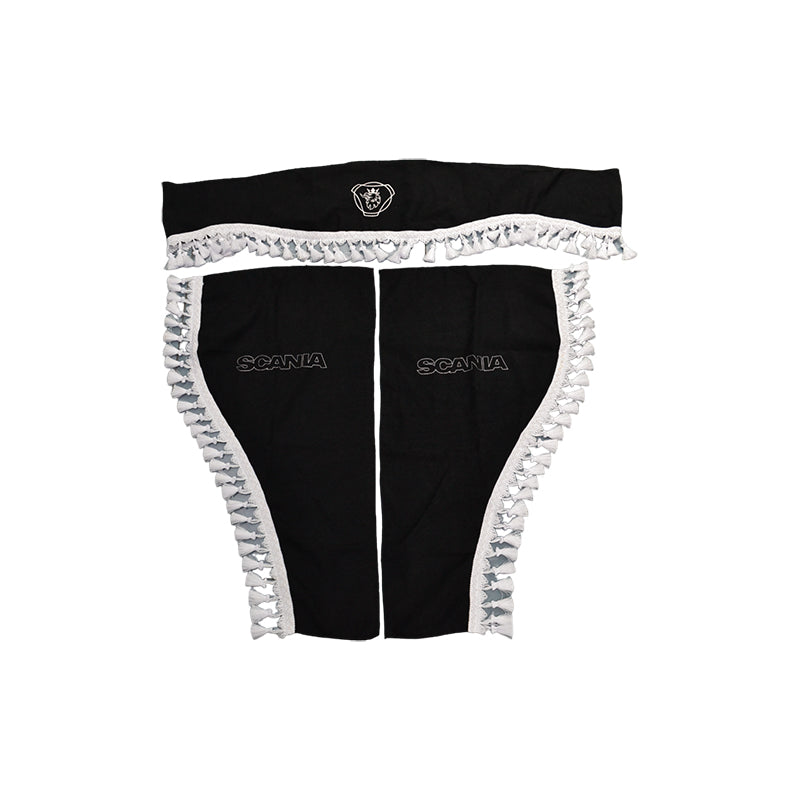 Rideaux de cabine pour camion adaptés pour Scania – jeu 3 pièces, noir avec franges blanches, logo
