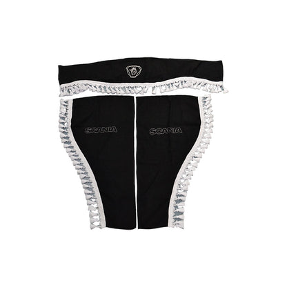 Rideaux de cabine pour camion adaptés pour Scania – jeu 3 pièces, noir avec franges blanches, logo