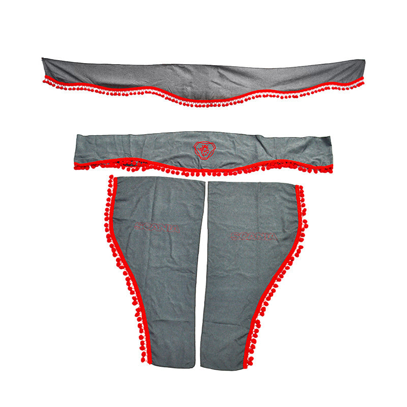 Jeu de rideaux pour camion adapté pour Scania – 3 pièces, gris avec pompons rouges, motif avec logo