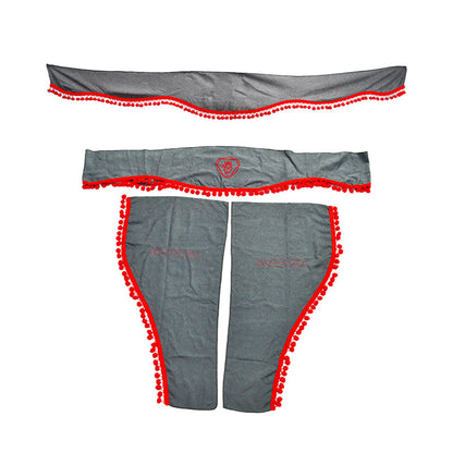 Jeu de rideaux pour camion adapté pour Scania – 3 pièces, gris avec franges rouges, motif avec logo