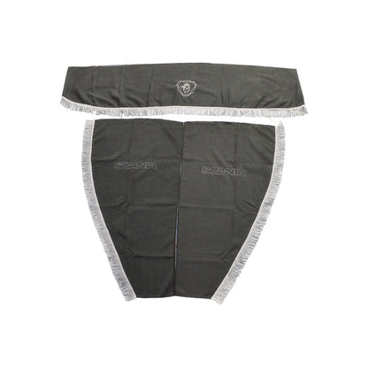 Σετ Κουρτίνες Φορτηγού κατάλληλο για Scania – 3 τμχ, Γκρι με Λευκά Κρόσσια και Έμβλημα