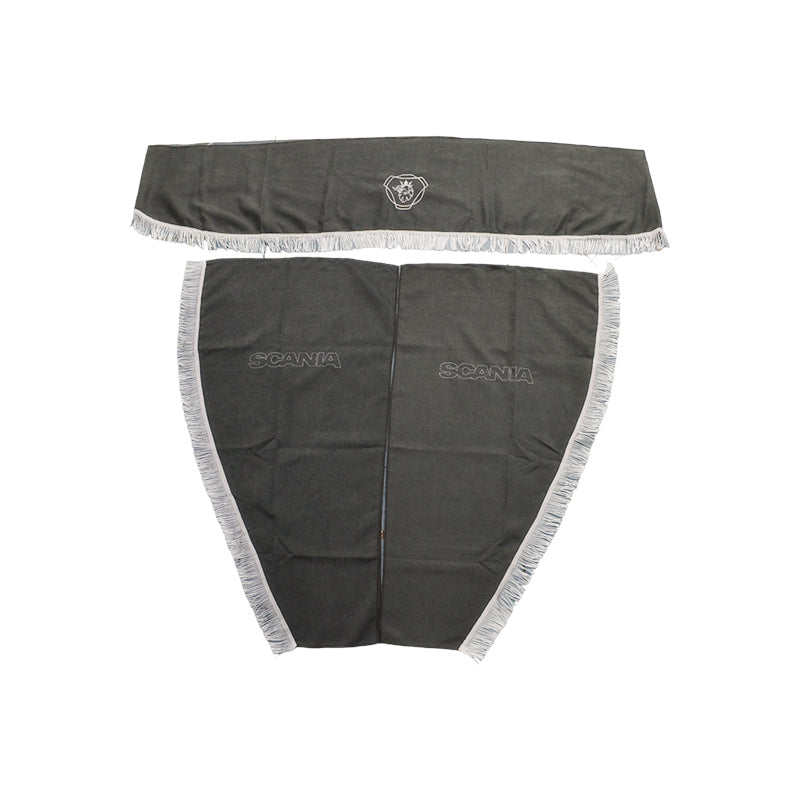 Jeu de rideaux pour camion – adapté pour Scania, 3 pièces, gris avec franges blanches, logo
