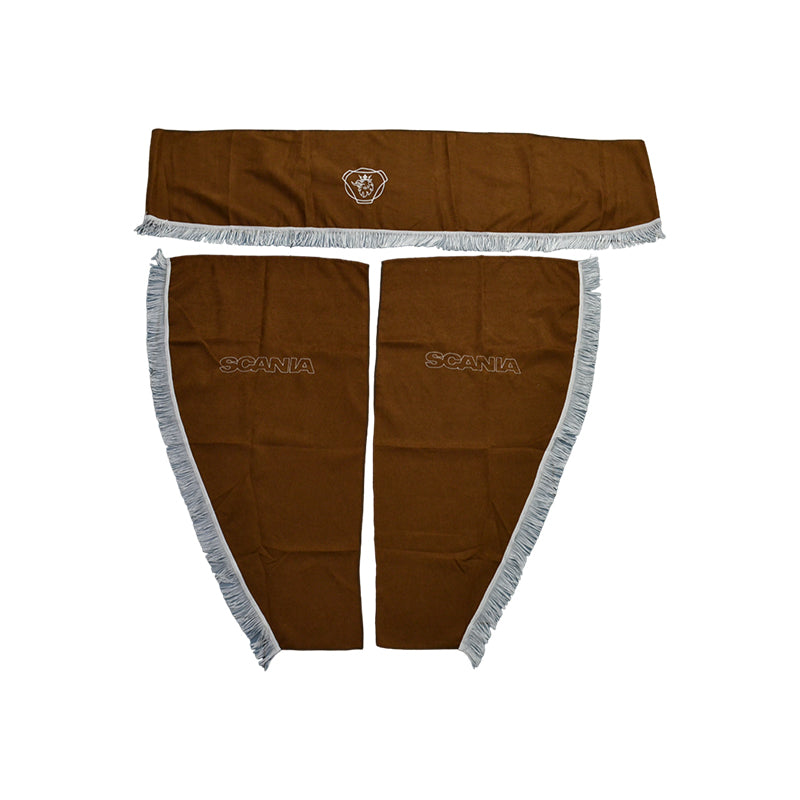 Rideaux pour camion adaptés pour Scania – Jeu 3 pièces, marron avec pompons blancs, logo