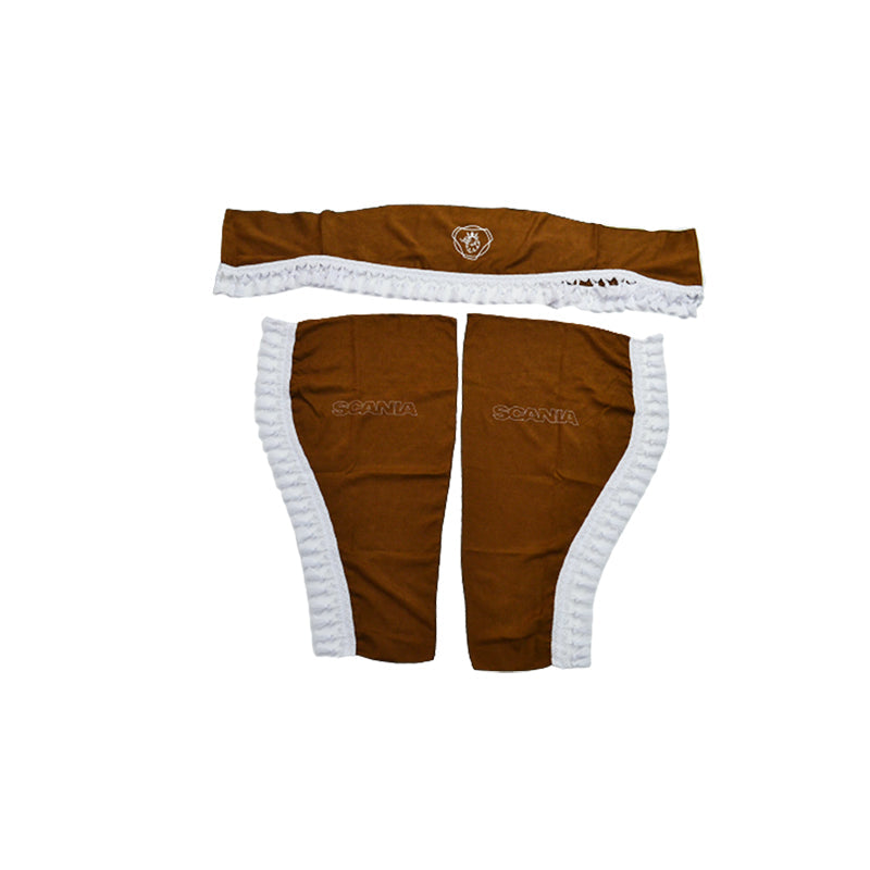 Jeu de rideaux marron pour camion adapté pour Scania – 3 pièces, pompons blancs, logo