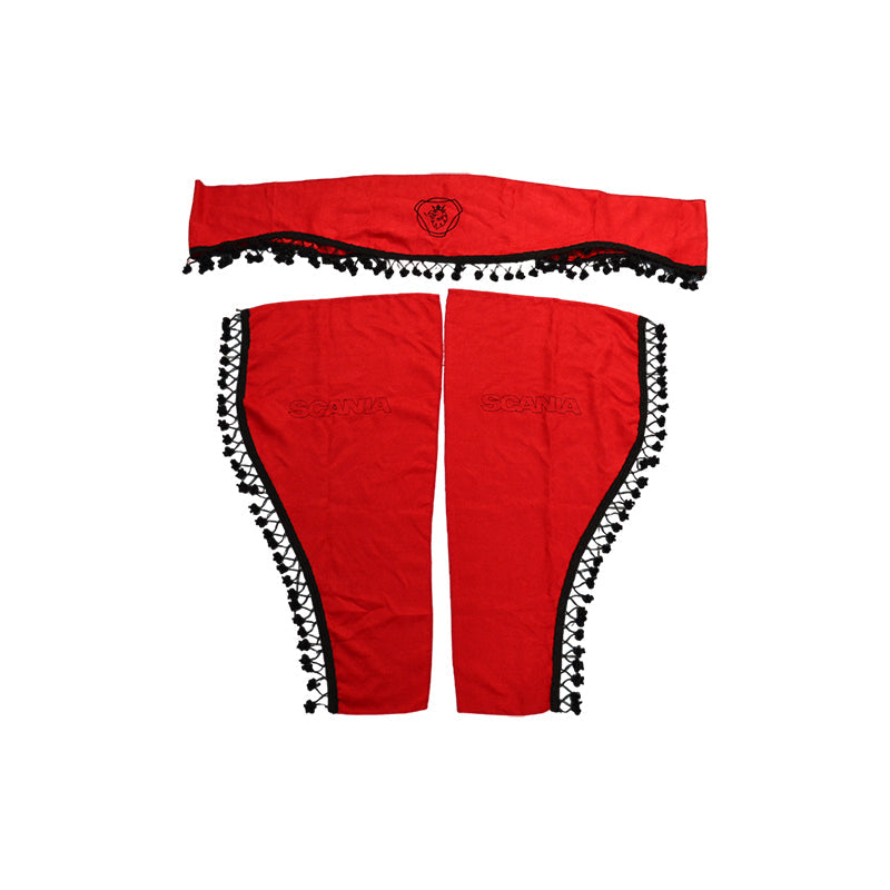 Jeu de rideaux pour camion adapté pour Scania – 3 pièces rouge avec pompons noirs et emblème