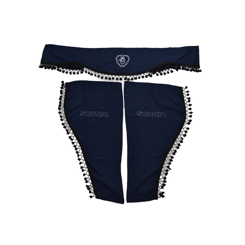 Rideaux pour camion adaptés pour Scania – jeu 3 pièces, bleu avec glands noirs, avec emblème