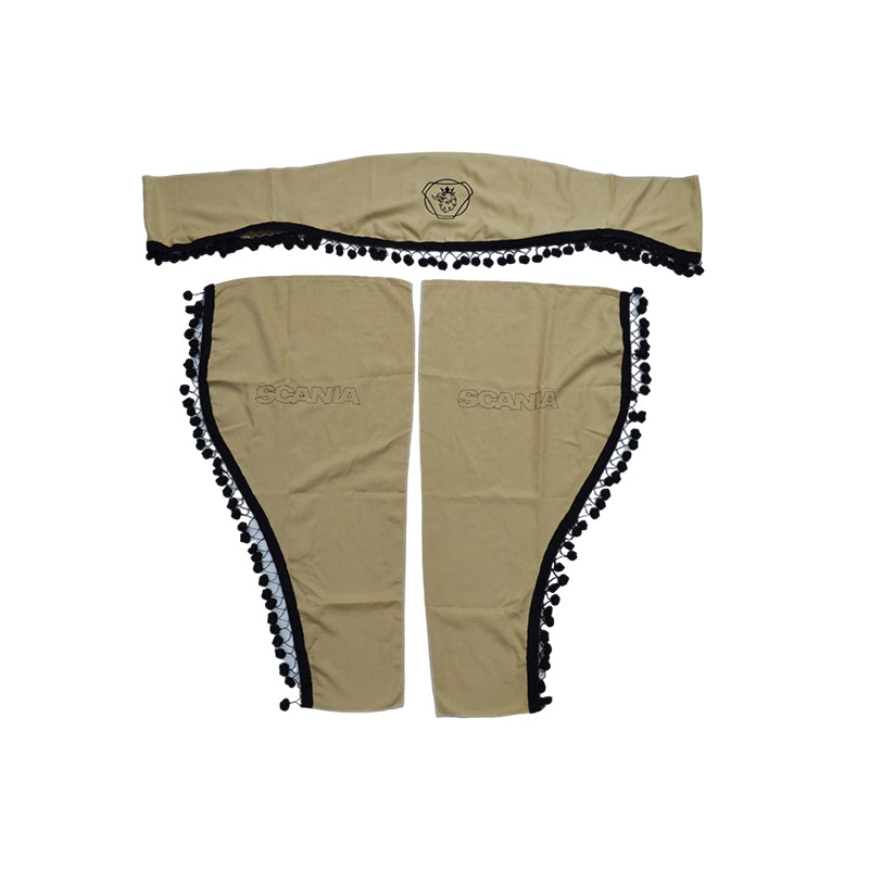 Jeu de rideaux pour camion adapté pour Scania – 3 pièces beige avec glands noirs, logo