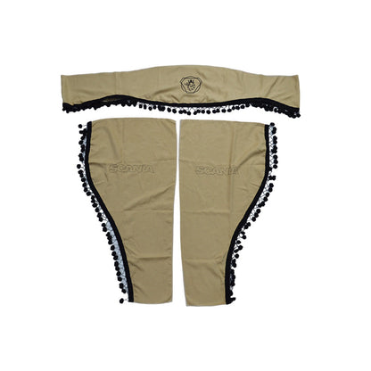 Комплект завеси за камион, подходящ за Scania – 3 части, бежови с черни ресни и лого