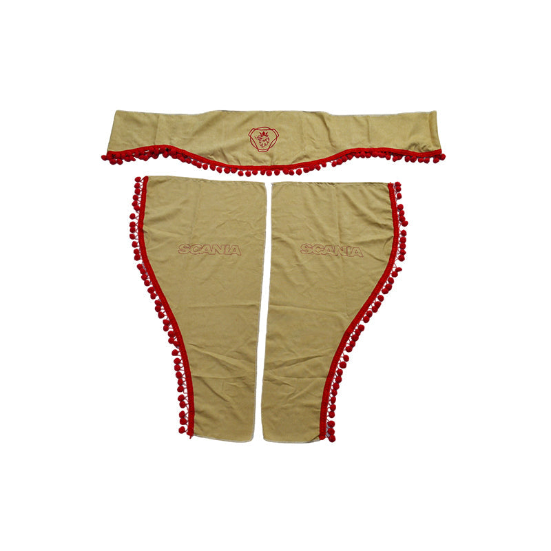 Jeu de rideaux pour camion adapté pour Scania – 3 pièces beige avec franges rouges et emblème