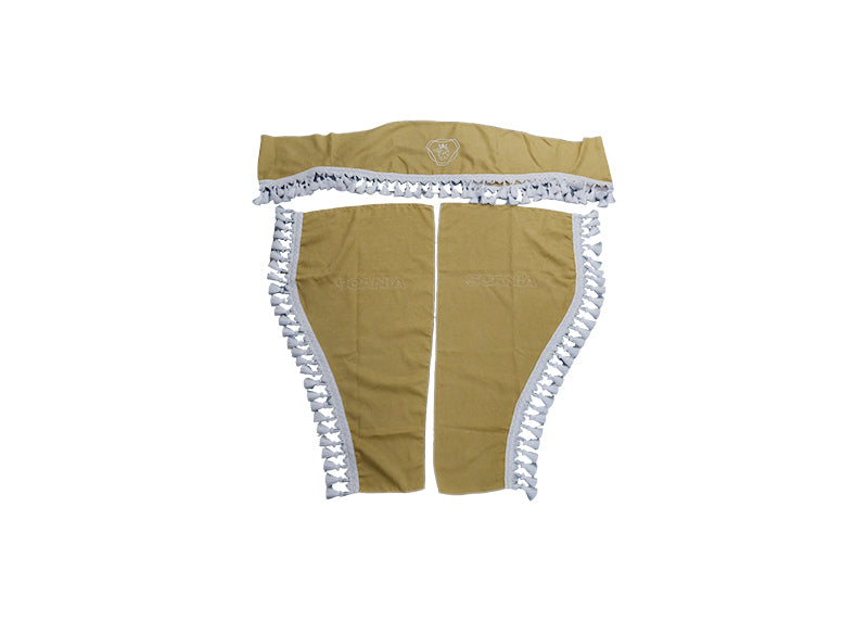 Jeu de rideaux beige pour camion adapté pour Scania – 3 pièces, pompons blancs, avec logo