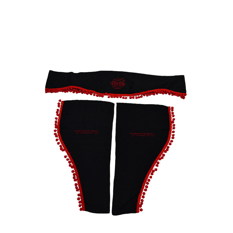 Jeu de rideaux pour camion adapté pour Volvo – 3 pièces, noir avec franges rouges, logo et lettrage