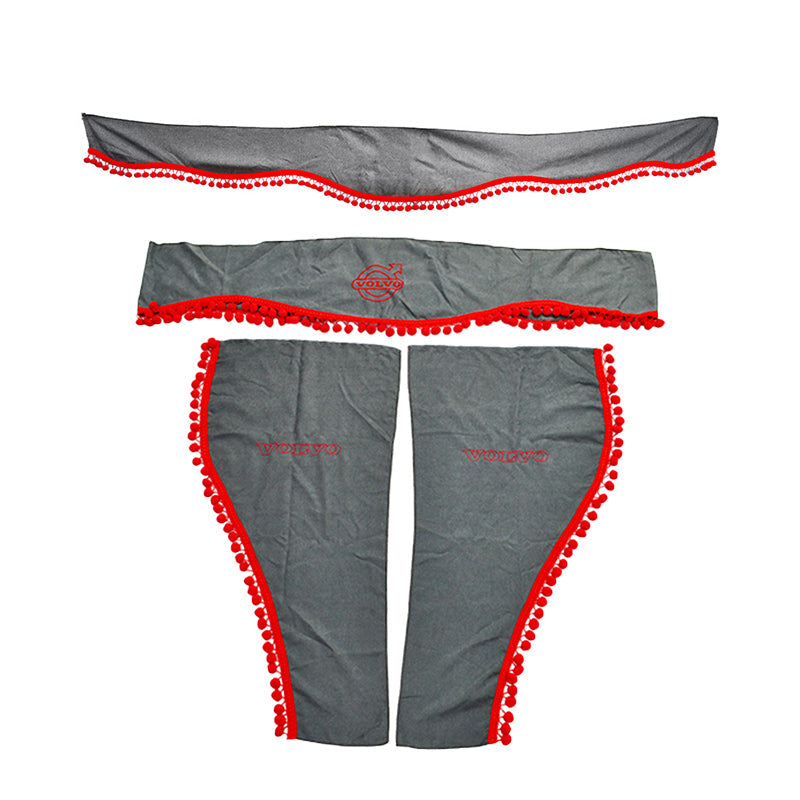 Jeu de rideaux pour camion adapté pour Volvo – 3 pièces gris avec pompons rouges, logo et lettrage