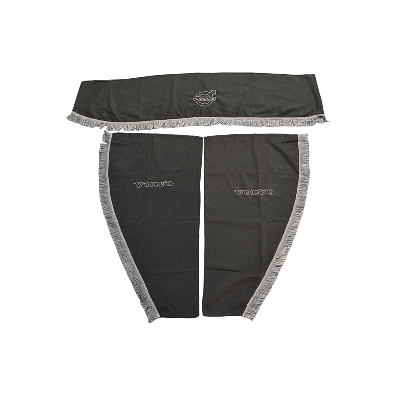 Jeu de rideaux pour camion adapté pour Volvo – 3 pièces gris avec franges blanches, pare-brise et vitres latérales, avec emblème