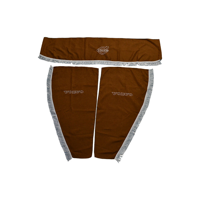 Jeu de rideaux de cabine pour camion – 3 pièces, marron avec franges blanches, adapté pour Volvo, motif avec logo