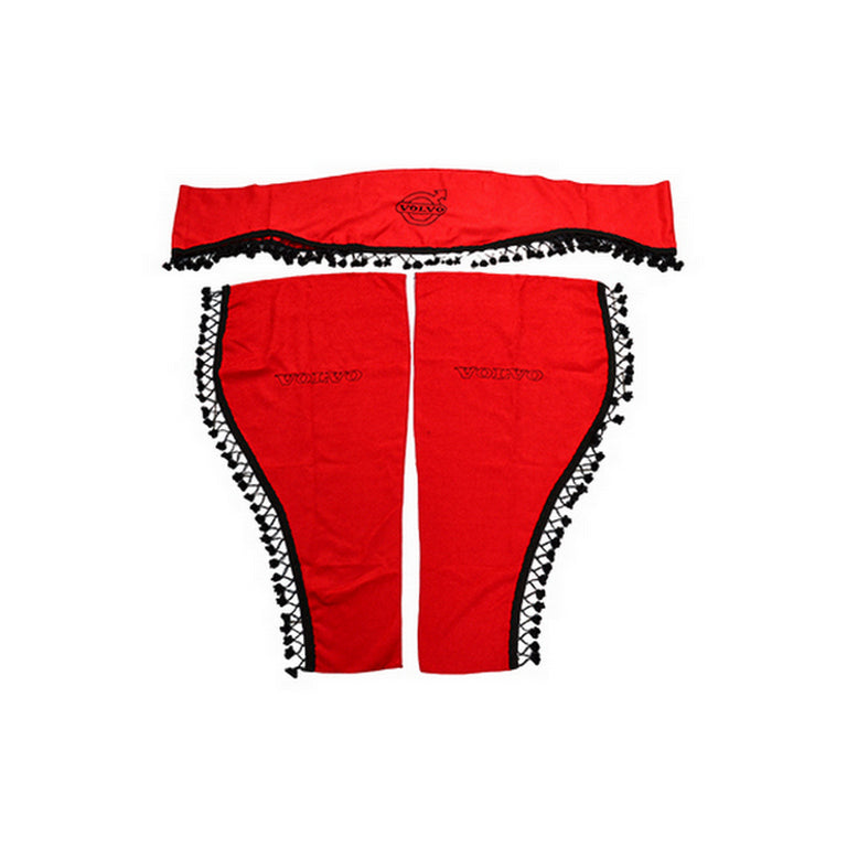 Jeu de rideaux pour camion adapté pour Volvo – 3 pièces, rouge avec franges noires, logo et lettrage