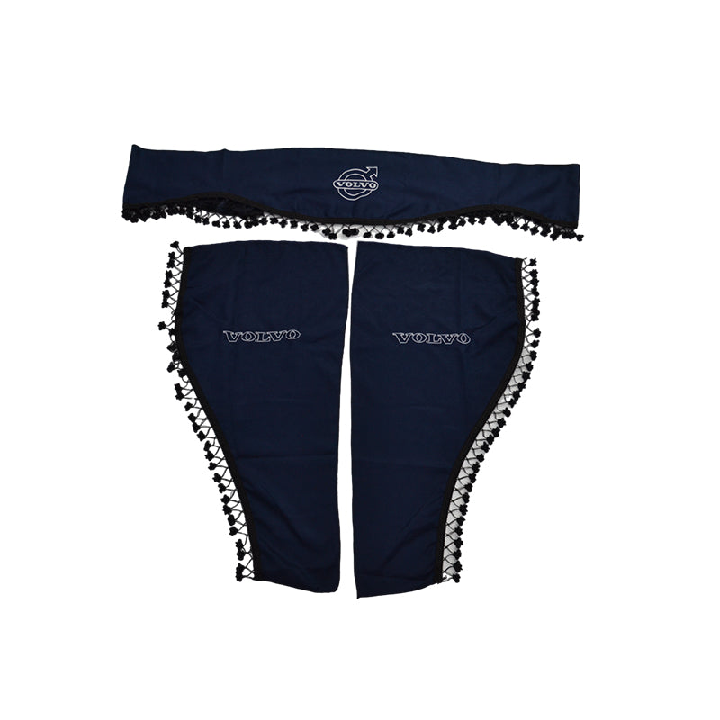 3-Piece Truck Curtain Set Suitable for Volvo – Blue with Black Tassels, Logo and Lettering