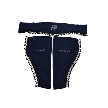 3-Piece Truck Curtain Set Suitable for Volvo – Blue with Black Tassels, Logo and Lettering