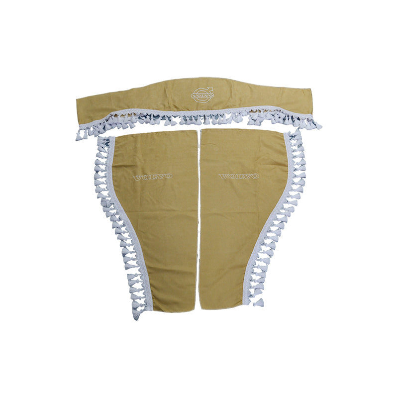 Jeu de 3 rideaux beige pour camion adapté pour Volvo – Pare-brise avant et vitres latérales, franges blanches, logo et texte