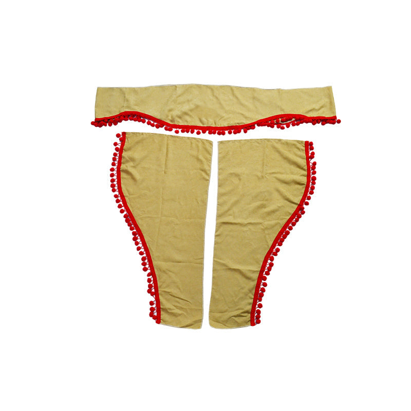 Jeu de rideaux beige 3 pièces pour camion avec franges rouges