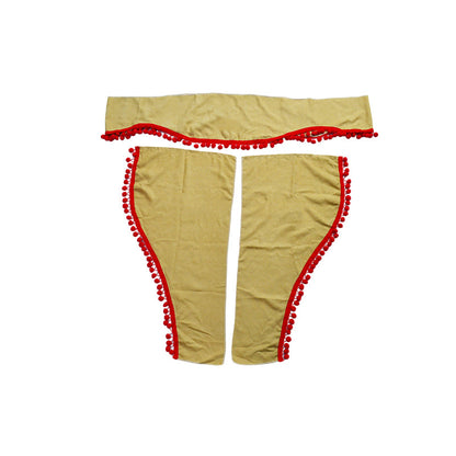 Jeu de rideaux beige 3 pièces pour camion avec franges rouges