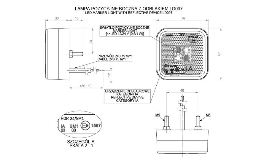 Feu de gabarit à LED jaune – carré 12/24 V, fabrication Pologne
