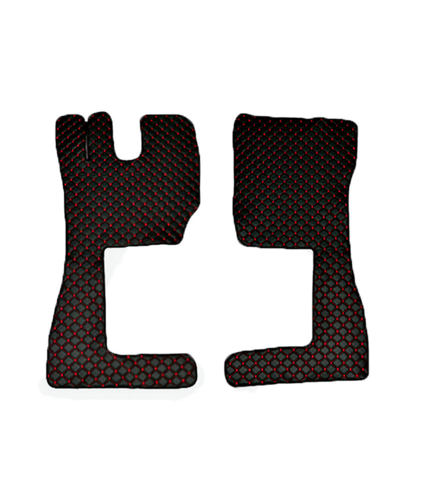 Tapis de sol en cuir – adaptés pour Volvo FH13, jeu 2 pièces, noir avec surpiqûres rouges, 2002–2012