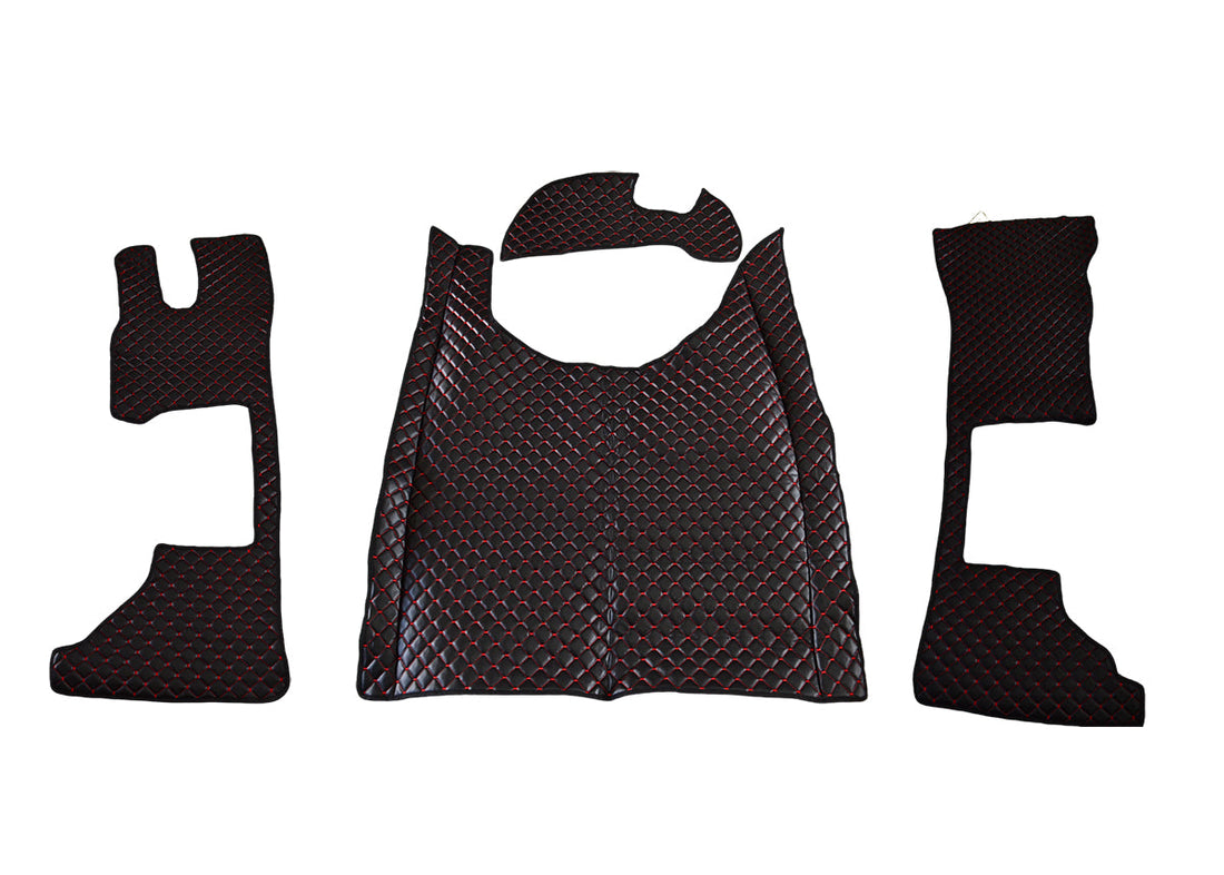 Black Eco Leather Floor Mats with Red Stitching, Driver &amp; Passenger, Long Model, Suitable for DAF XG 2022+