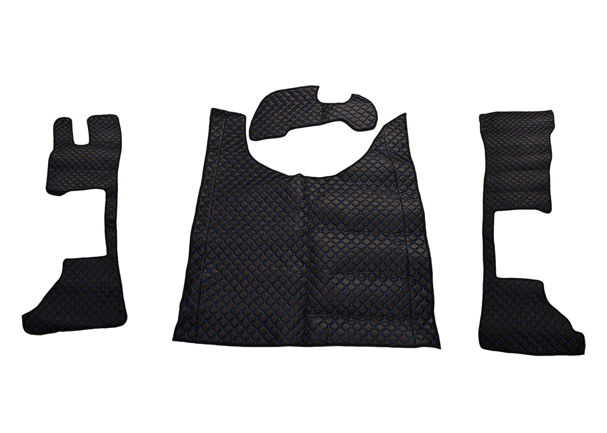 Tapis de sol en cuir synthétique (éco-cuir) noir – surpiqûres bleues, conducteur et passager, modèle long, adapté pour DAF XG 2022+