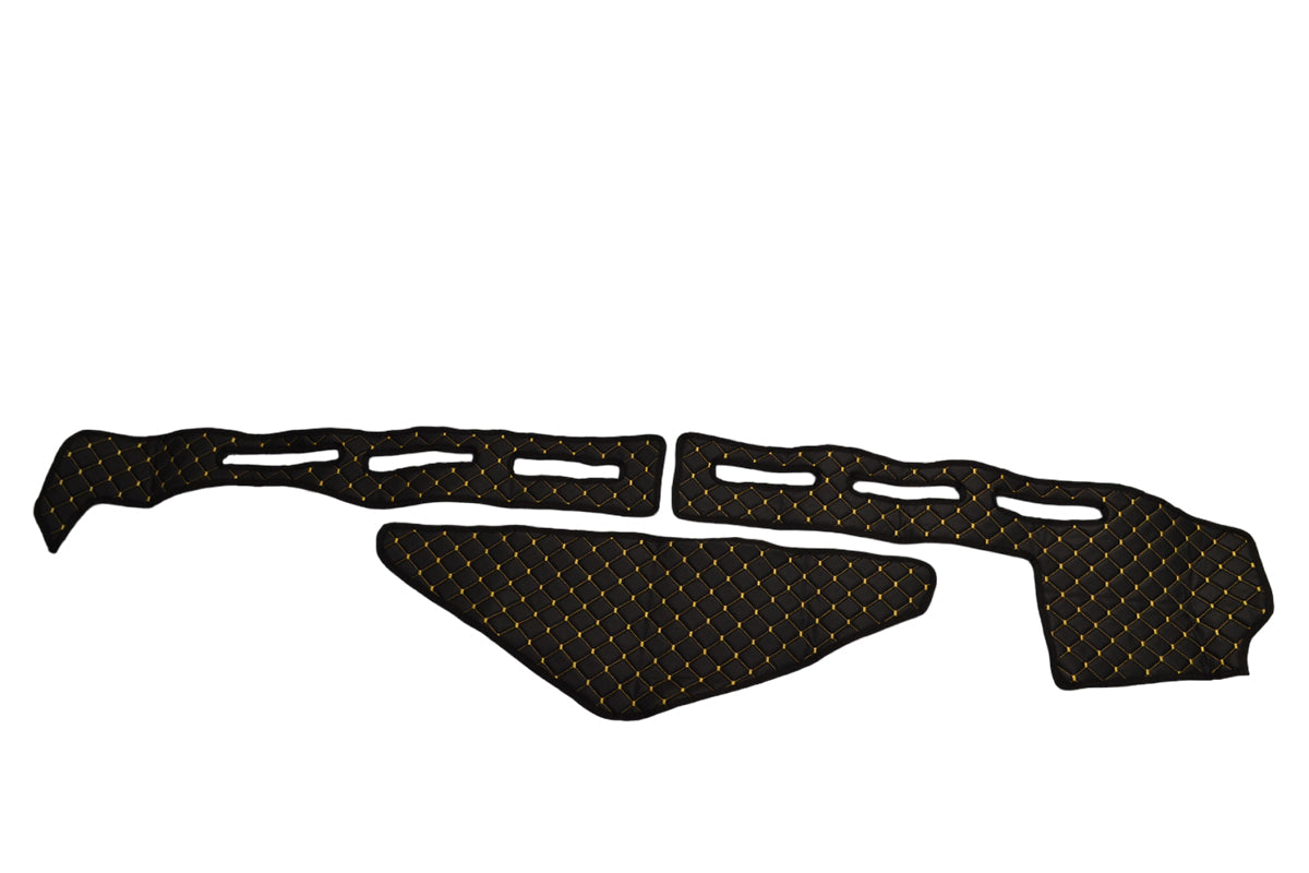 Tapis de tableau de bord en cuir – adapté pour Renault T avec capteur, noir avec surpiqûres jaunes, cabine High Sleeper (2013+)