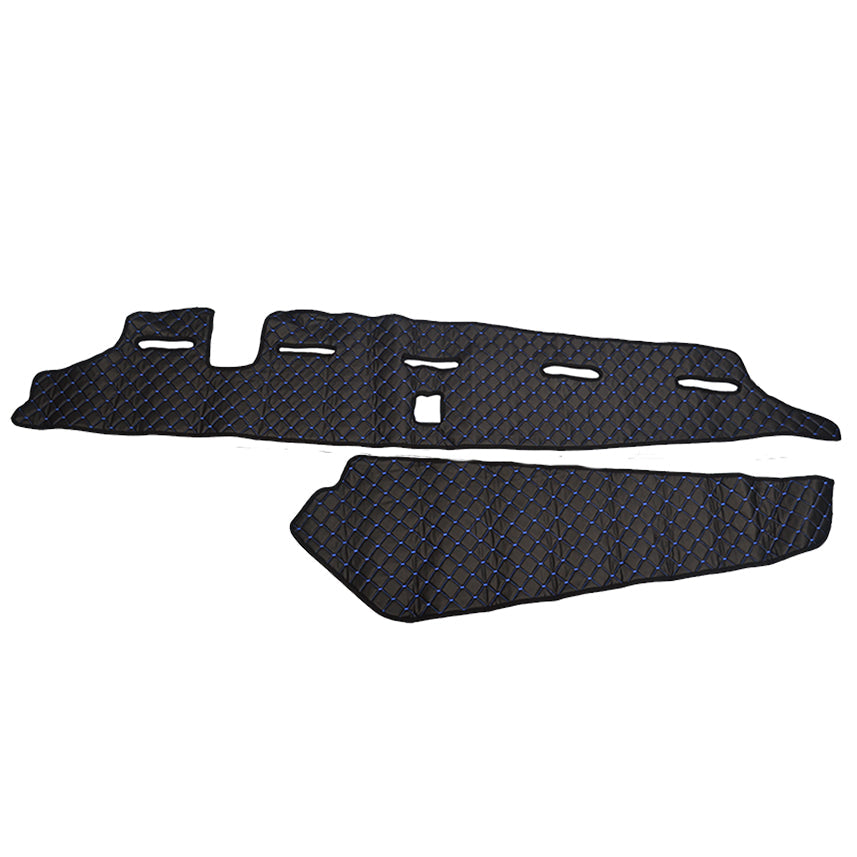 Jeu de tapis de tableau de bord – cuir synthétique (éco-cuir), 2 pièces, adapté pour Volvo FH5 avec capteur, 2020+, noir avec surpiqûres bleues