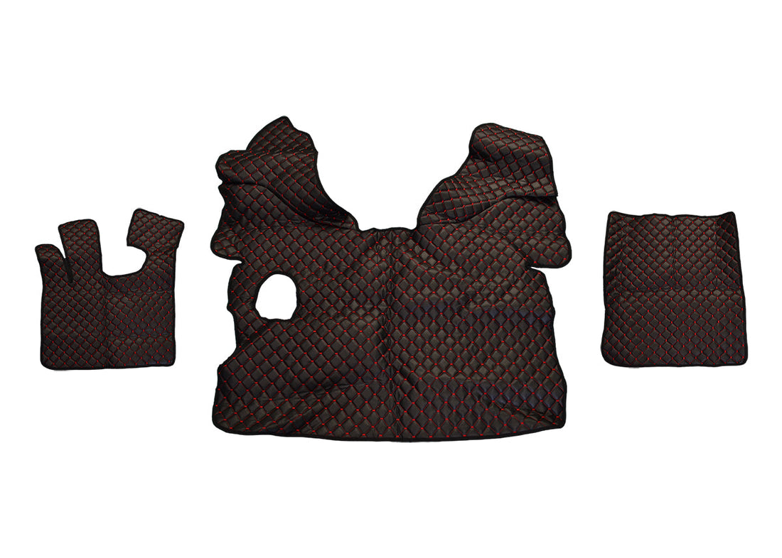 Tapis de sol en cuir – adaptés pour DAF XF 105 (2006–2013) et DAF XF 106 (2014–), boîte manuelle avec Webasto, noir avec surpiqûres rouges