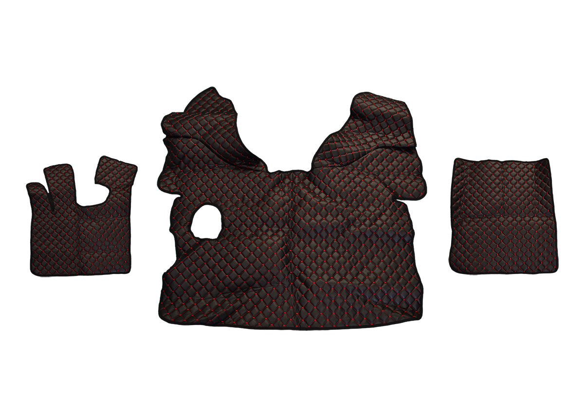 Tapis de sol en cuir – adaptés pour DAF XF 105 (2006–2013) et DAF XF 106 (2014–), boîte manuelle avec Webasto, noir avec surpiqûres rouges