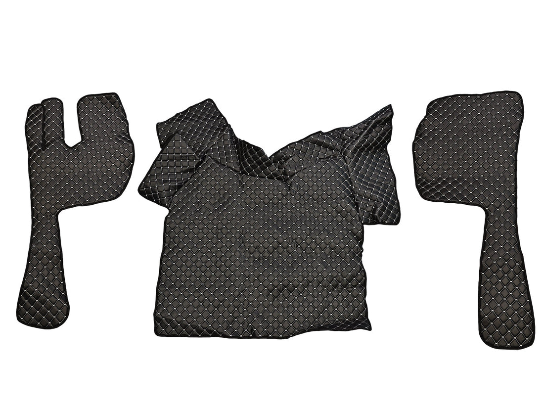 Jeu de tapis de sol en cuir – adapté pour Volvo FH12/FH16 2002–2012, noir avec surpiqûres blanches