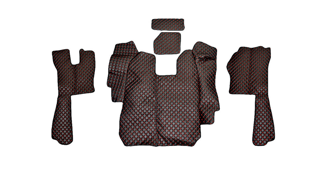 Δερμάτινα πατάκια δαπέδου – κατάλληλο για Scania R 2004–2010 με αυτόματο κιβώτιο ταχυτήτων, μαύρο με κόκκινη ραφή