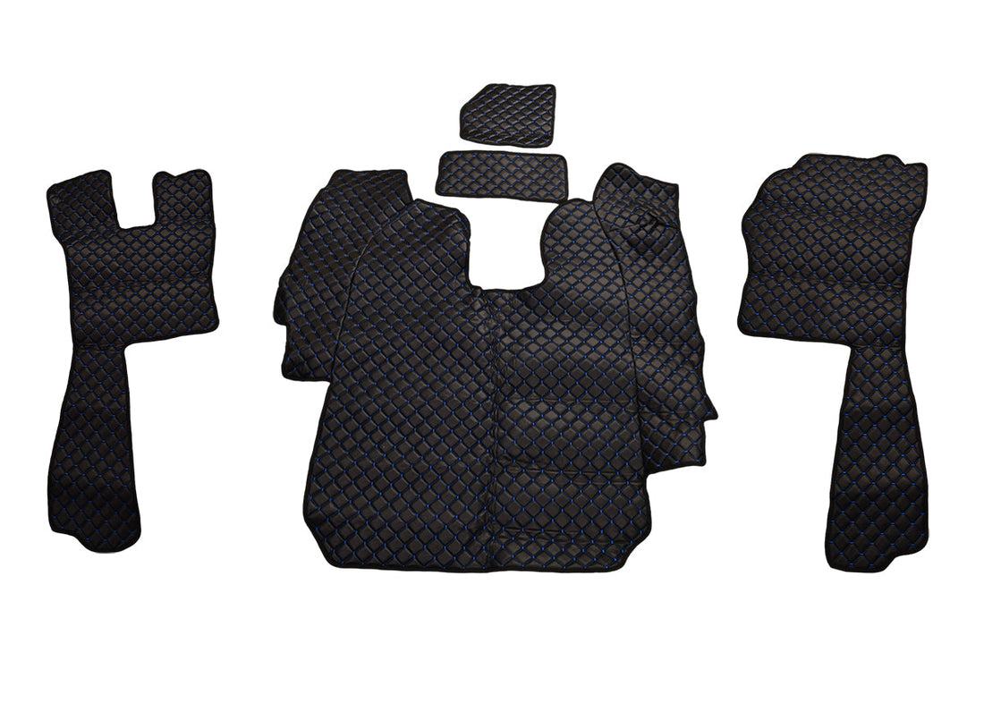 Δερμάτινα πατάκια δαπέδου – κατάλληλο για Scania R 2004–2010 με αυτόματο κιβώτιο ταχυτήτων, μαύρο με μπλε ραφές