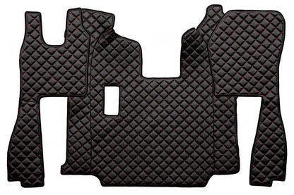 Δερμάτινα πατάκια δαπέδου – κατάλληλο για Scania R 2010–2016 με χειροκίνητο κιβώτιο ταχυτήτων, μαύρο με κόκκινες ραφές