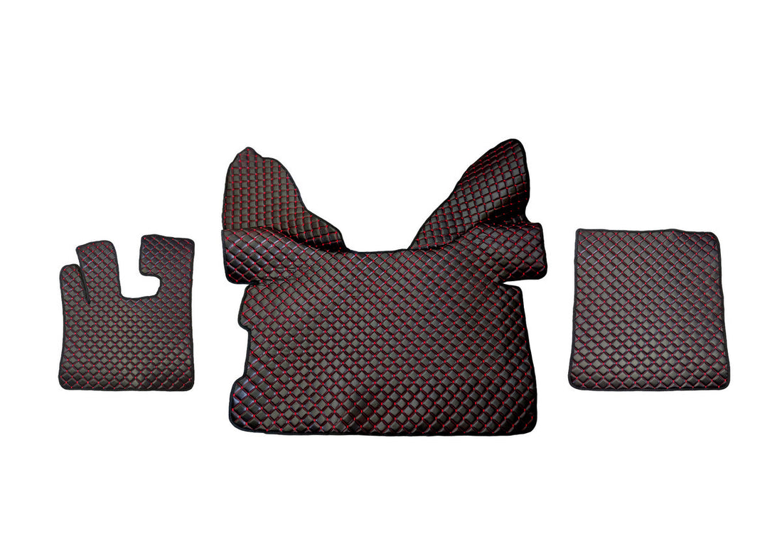 Tapis de sol en cuir – adaptés pour DAF XF 105 (2006–2013) et DAF XF 106 (2014–), boîte automatique avec Webasto, noir avec surpiqûres rouges