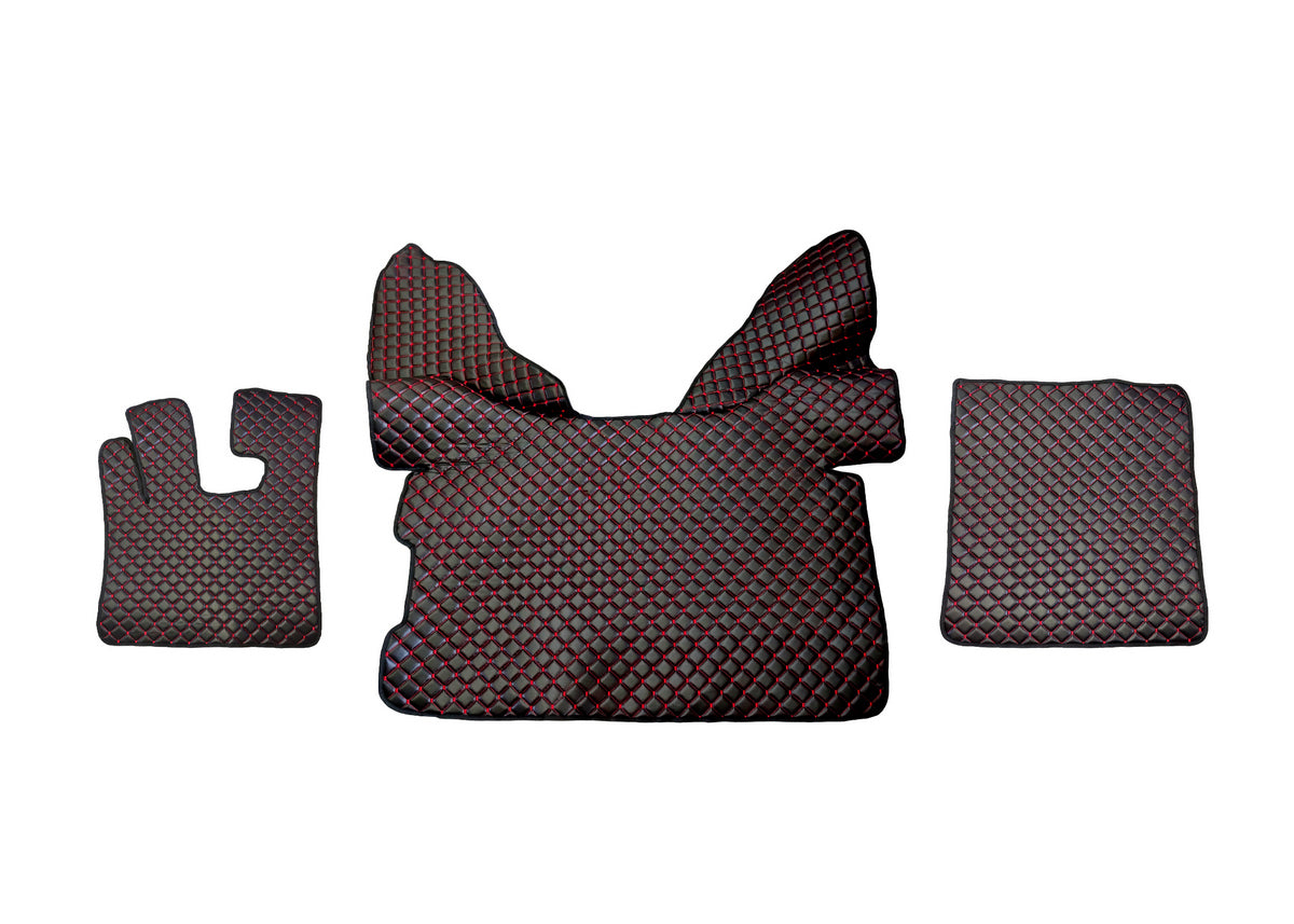 Tapis de sol en cuir – adaptés pour DAF XF 105 (2006–2013) et DAF XF 106 (2014–), boîte automatique avec Webasto, noir avec surpiqûres rouges