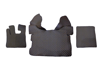 Tapis de sol en cuir – adaptés pour DAF XF 105 (2006–2013) et DAF XF 106 (2014–), boîte automatique avec Webasto, noir avec surpiqûres jaunes