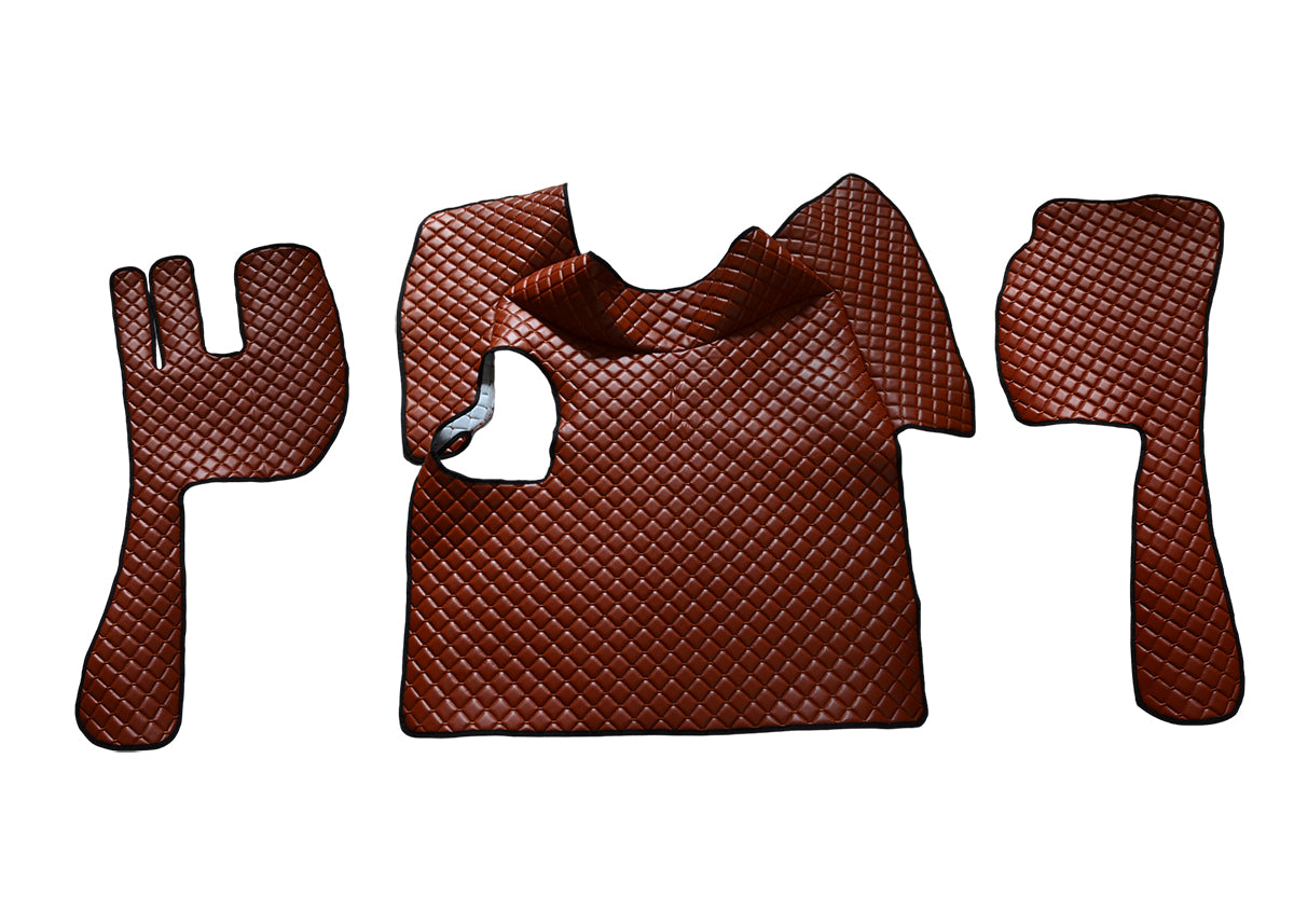 Кафяви подови стелки от изкуствена кожа (еко кожа) – подходящи за Volvo FH12/FH16 с ръчна скоростна кутия 2002–2012